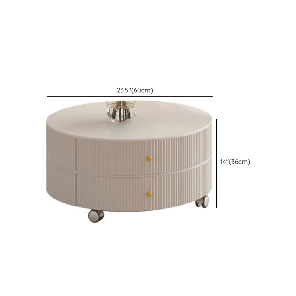 White Round Wheeled Round Wood Drawer Coffee Table