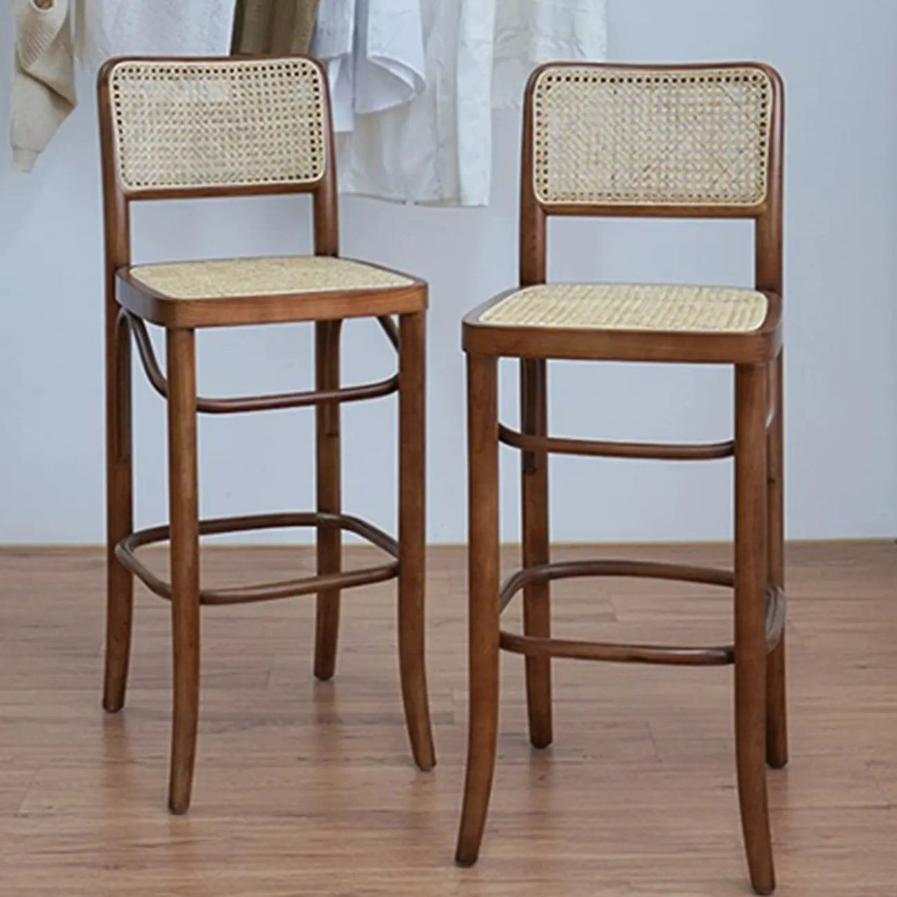 Vintage Wooden Elegance Square Rattan Back High Bar Stool