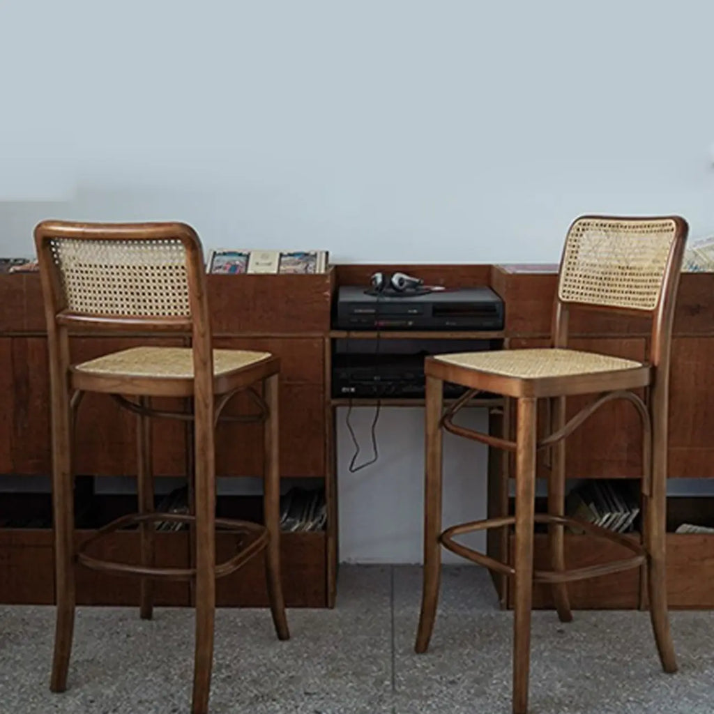Vintage Wooden Elegance Square Rattan Back High Bar Stool