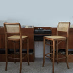 Vintage Wooden Elegance Square Rattan Back High Bar Stool