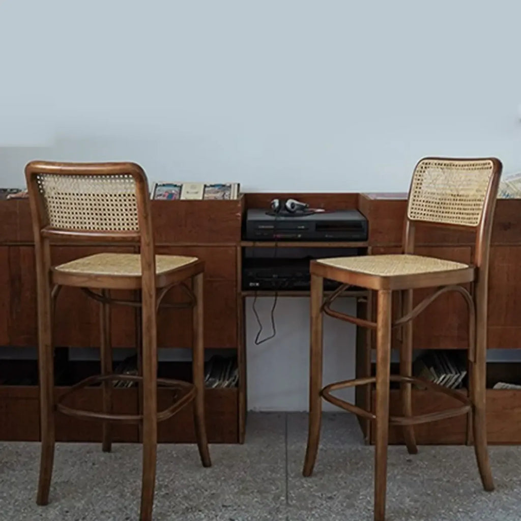 Vintage Wooden Elegance Square Rattan Back High Bar Stool