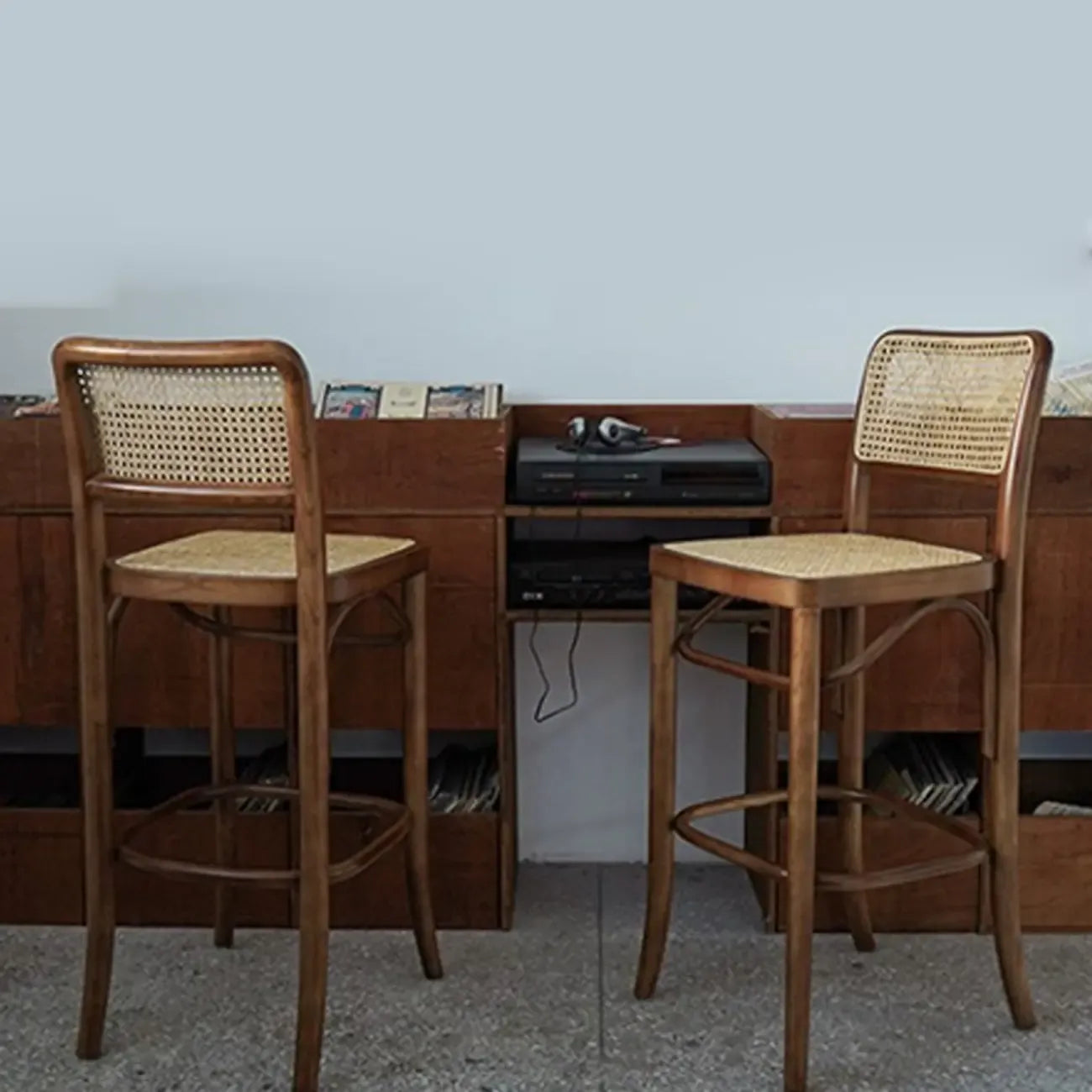 Vintage Wooden Elegance Square Rattan Back High Bar Stool