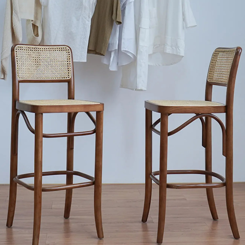 Vintage Wooden Elegance Square Rattan Back High Bar Stool