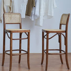 Vintage Wooden Elegance Square Rattan Back High Bar Stool