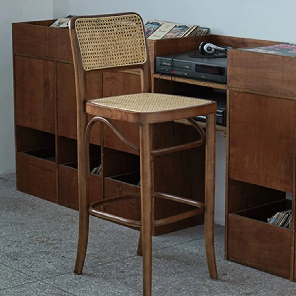 Vintage Wooden Elegance Square Rattan Back High Bar Stool