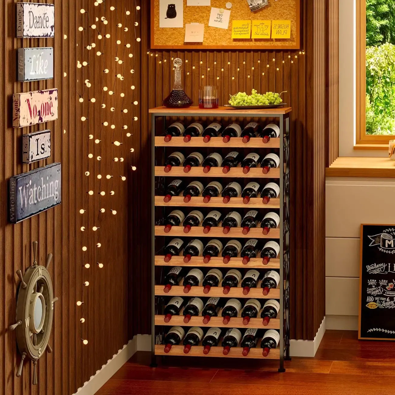 48 Bottle 8 Tier Wine Bottle Rack Freestanding Floor with Wooden Top
