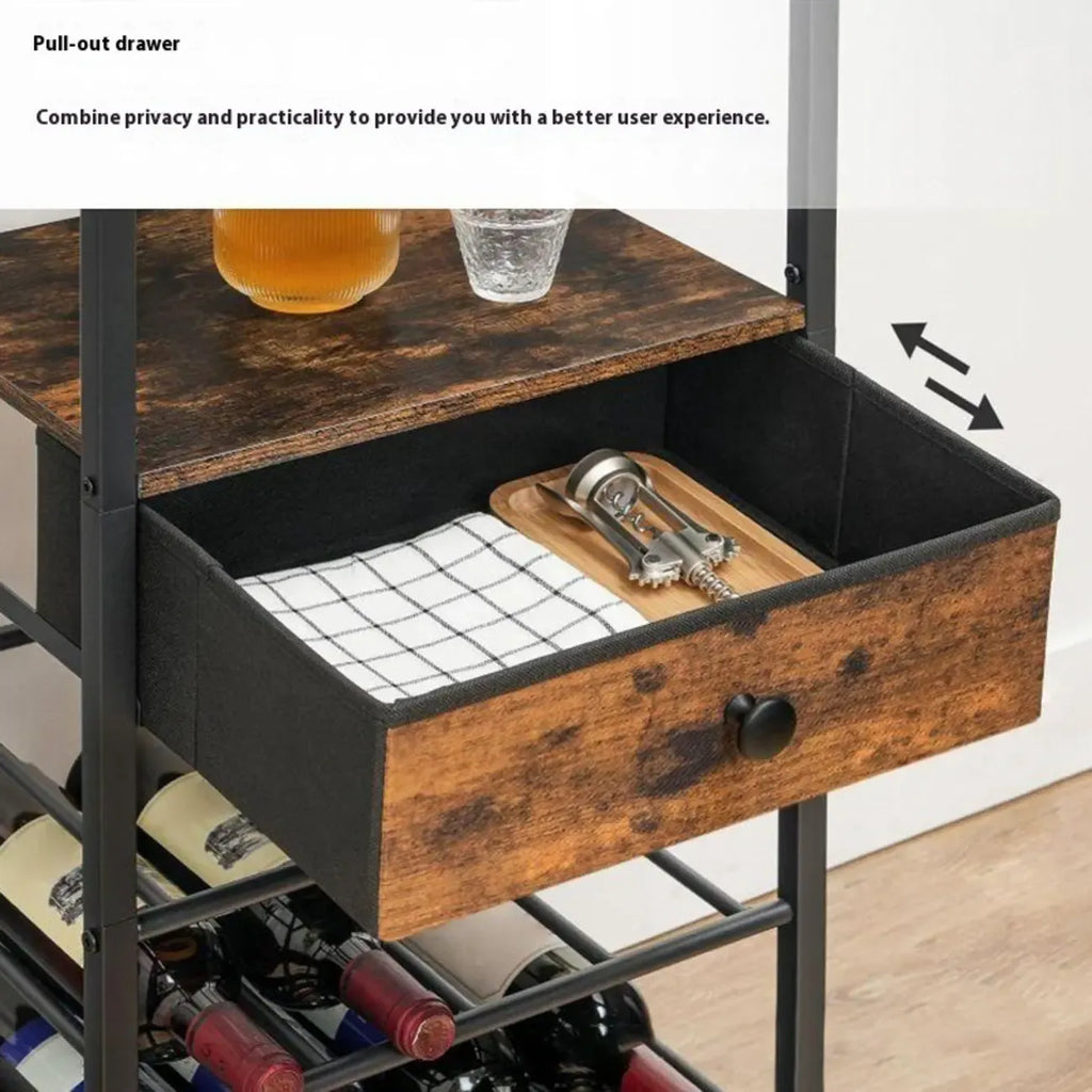 4 Tier Floor Wine Bottle & Glass Rack with Table Top Glass Shelves and Drawers