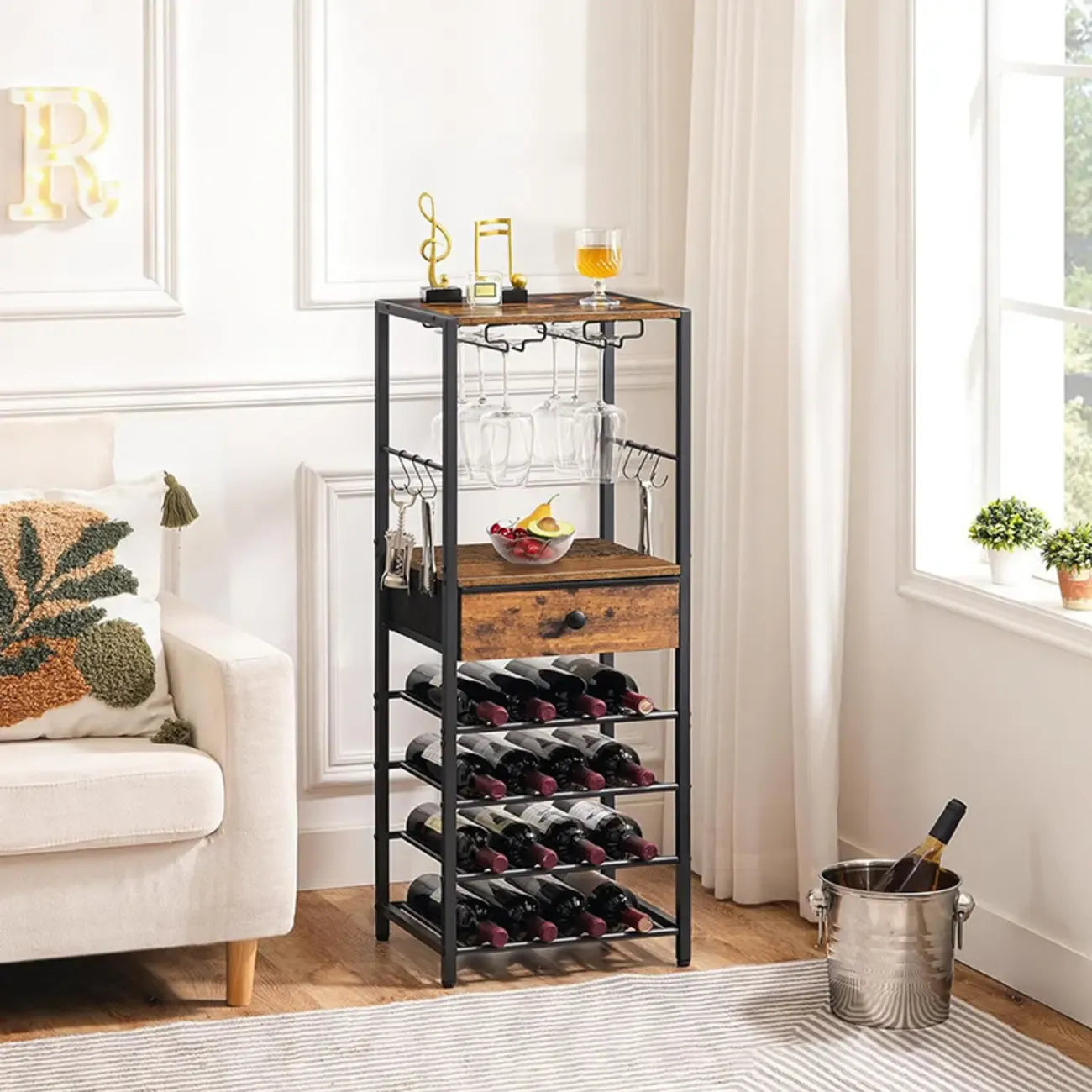 4 Tier Floor Wine Bottle & Glass Rack with Table Top Glass Shelves and Drawers