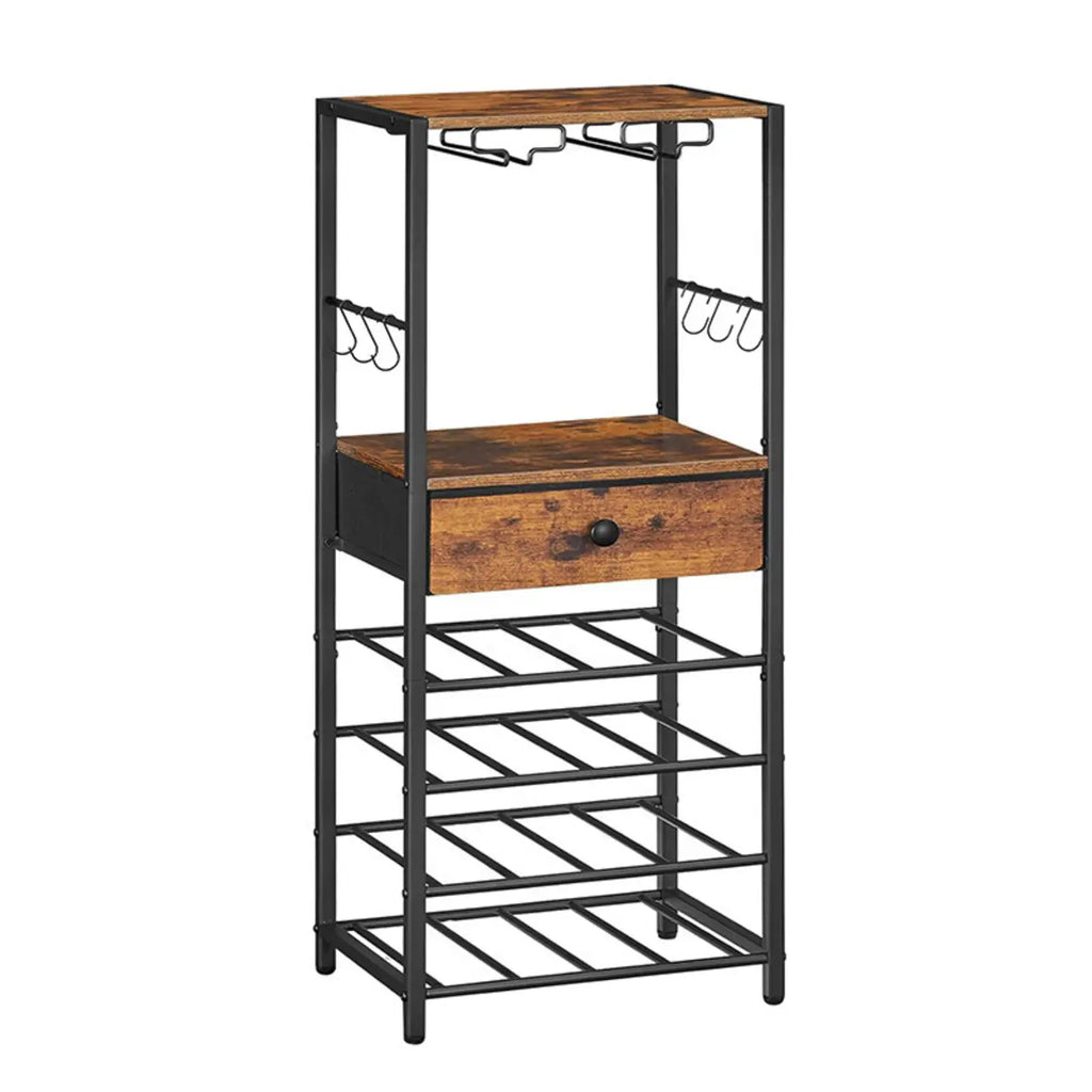 4 Tier Floor Wine Bottle & Glass Rack with Table Top Glass Shelves and Drawers