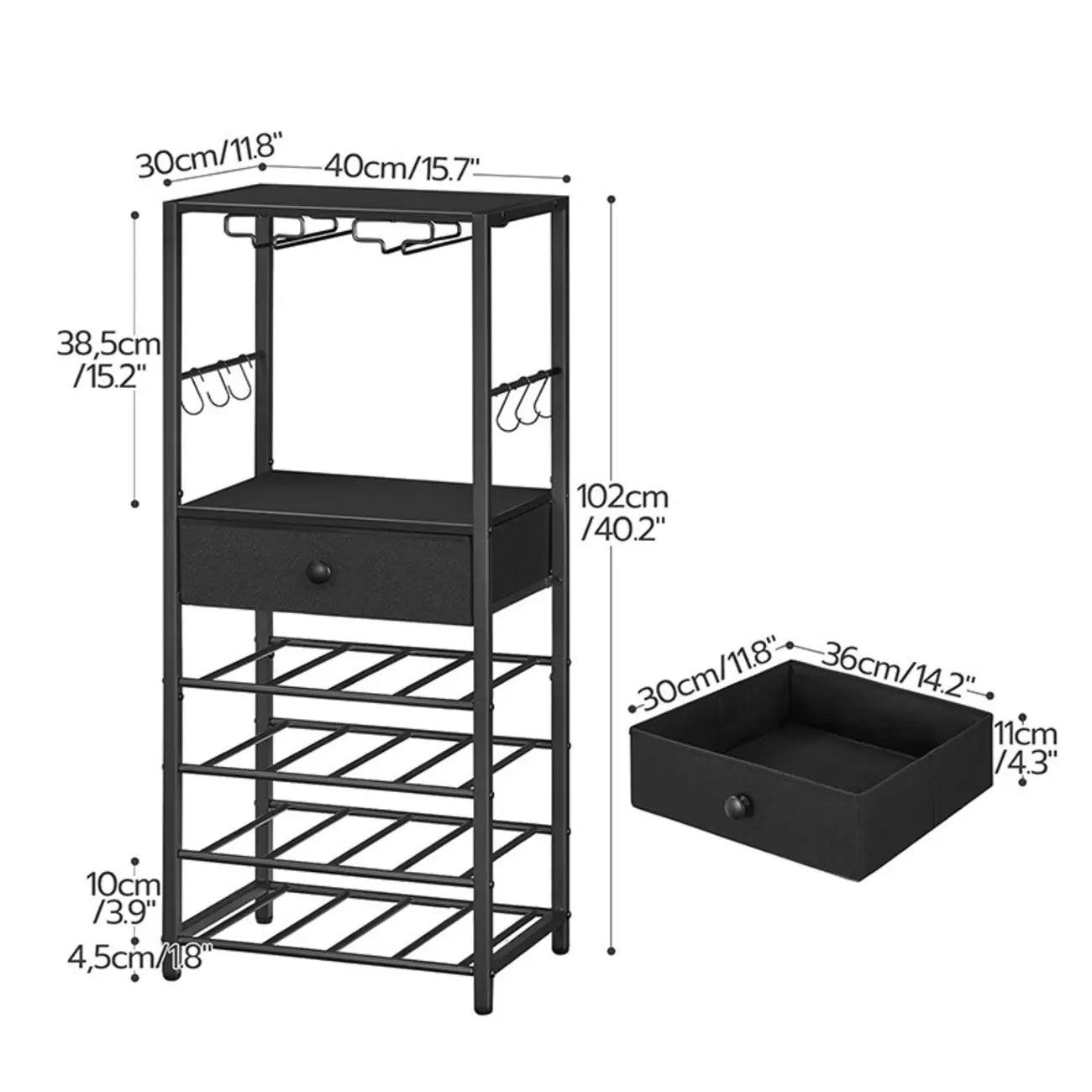 4 Tier Floor Wine Bottle & Glass Rack with Table Top Glass Shelves and Drawers