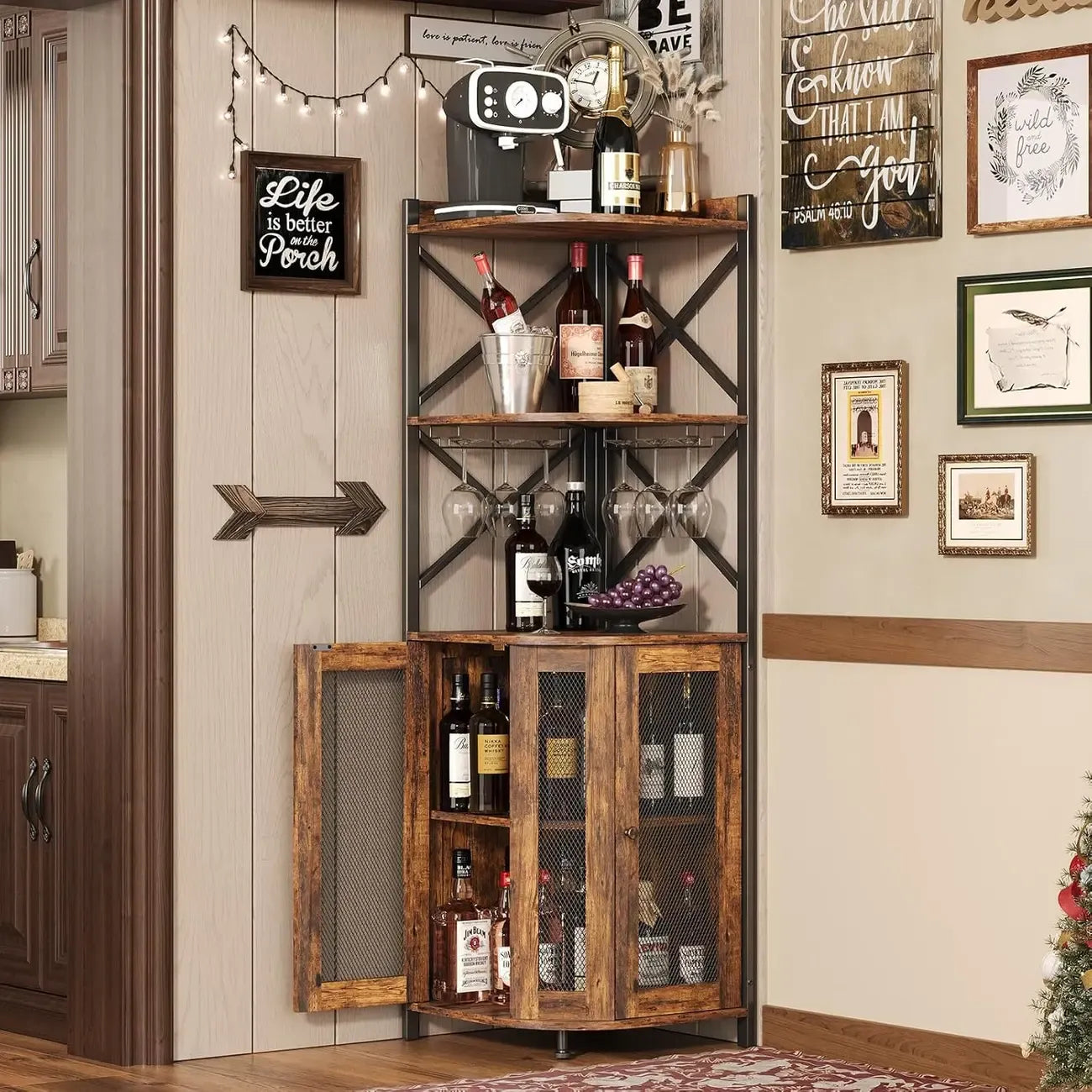 Corner Hanging Wine Cabinet with LED Light Independent Fan shaped