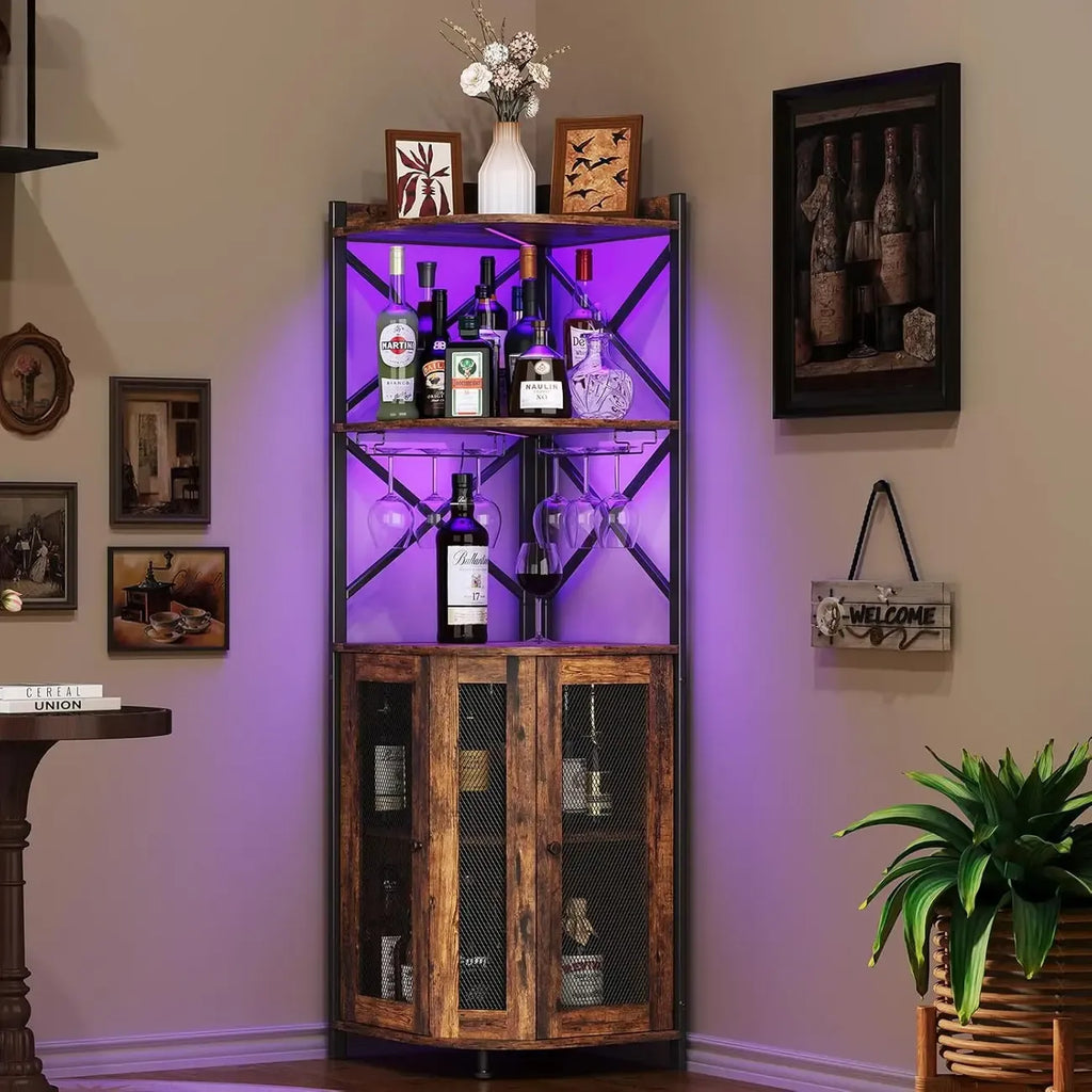 Corner Hanging Wine Cabinet with LED Light Independent Fan shaped
