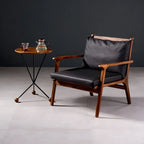 Scandinavian Faux Leather Wood Square Arm Accent Chair