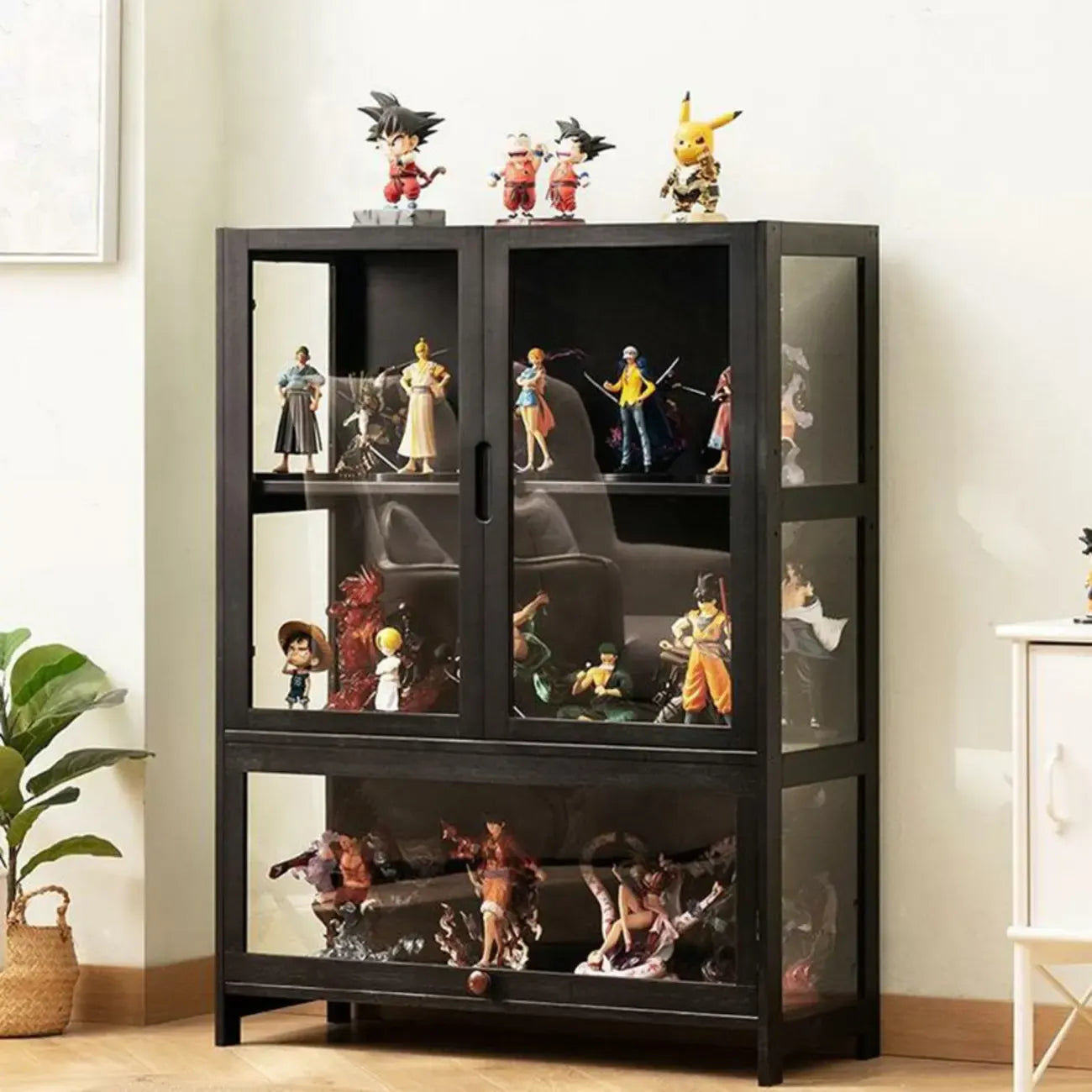 Modern Black Bamboo Adjustable Shelves Glass Display Cabinet