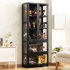Modern Black Bamboo Adjustable Shelves Glass Display Cabinet