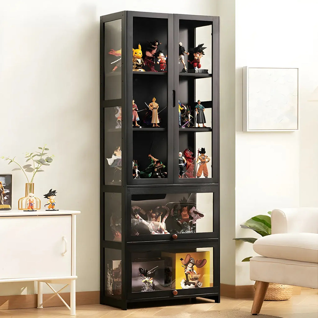 Modern Black Bamboo Adjustable Shelves Glass Display Cabinet
