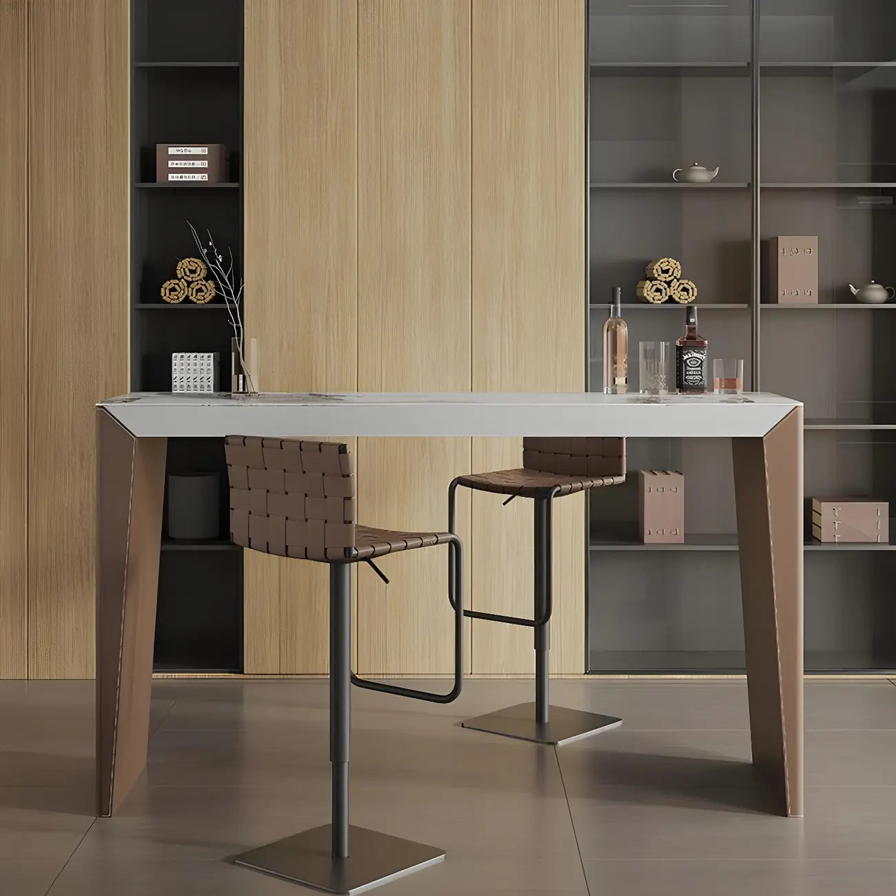 Stylish White Brown Stone Leather-Covered Leg Bar Tables
