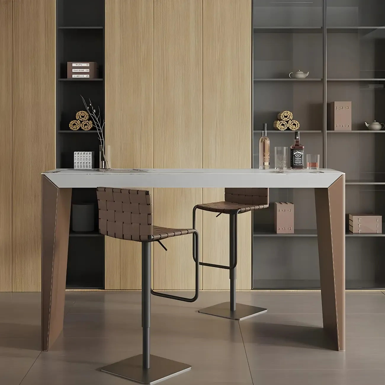 Stylish White Brown Stone Leather-Covered Leg Bar Tables