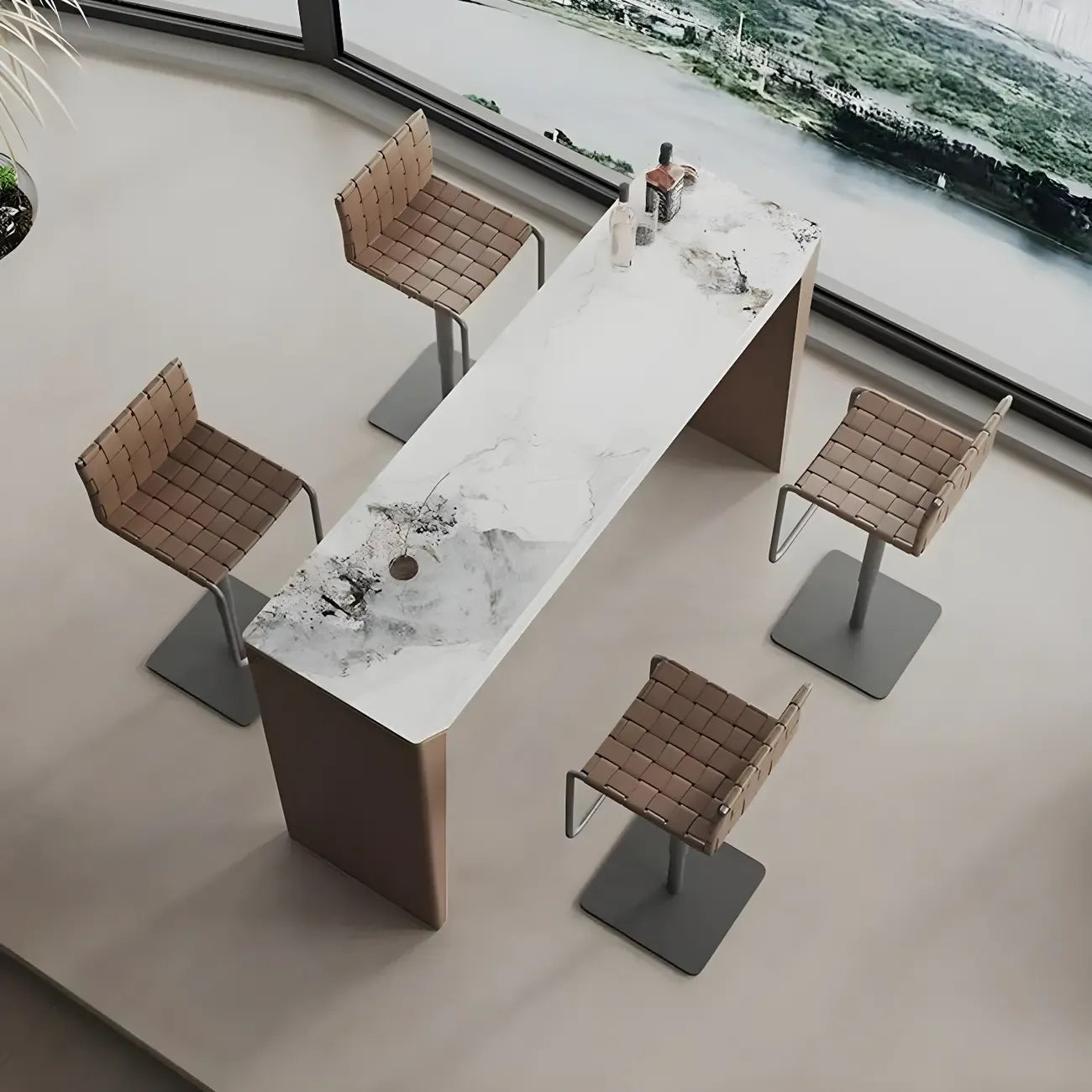 Stylish White Brown Stone Leather-Covered Leg Bar Tables