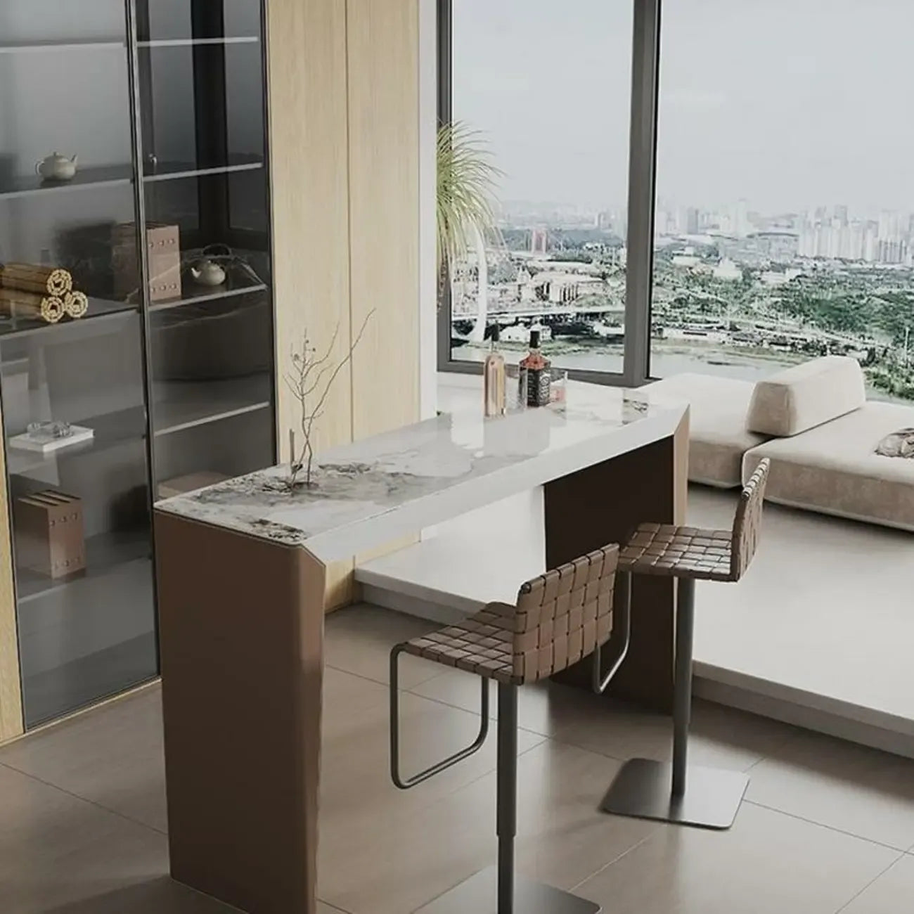 Stylish White Brown Stone Leather-Covered Leg Bar Tables