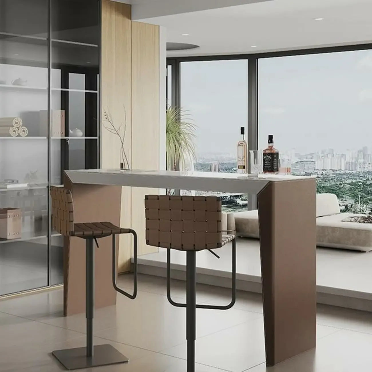 Stylish White Brown Stone Leather-Covered Leg Bar Tables