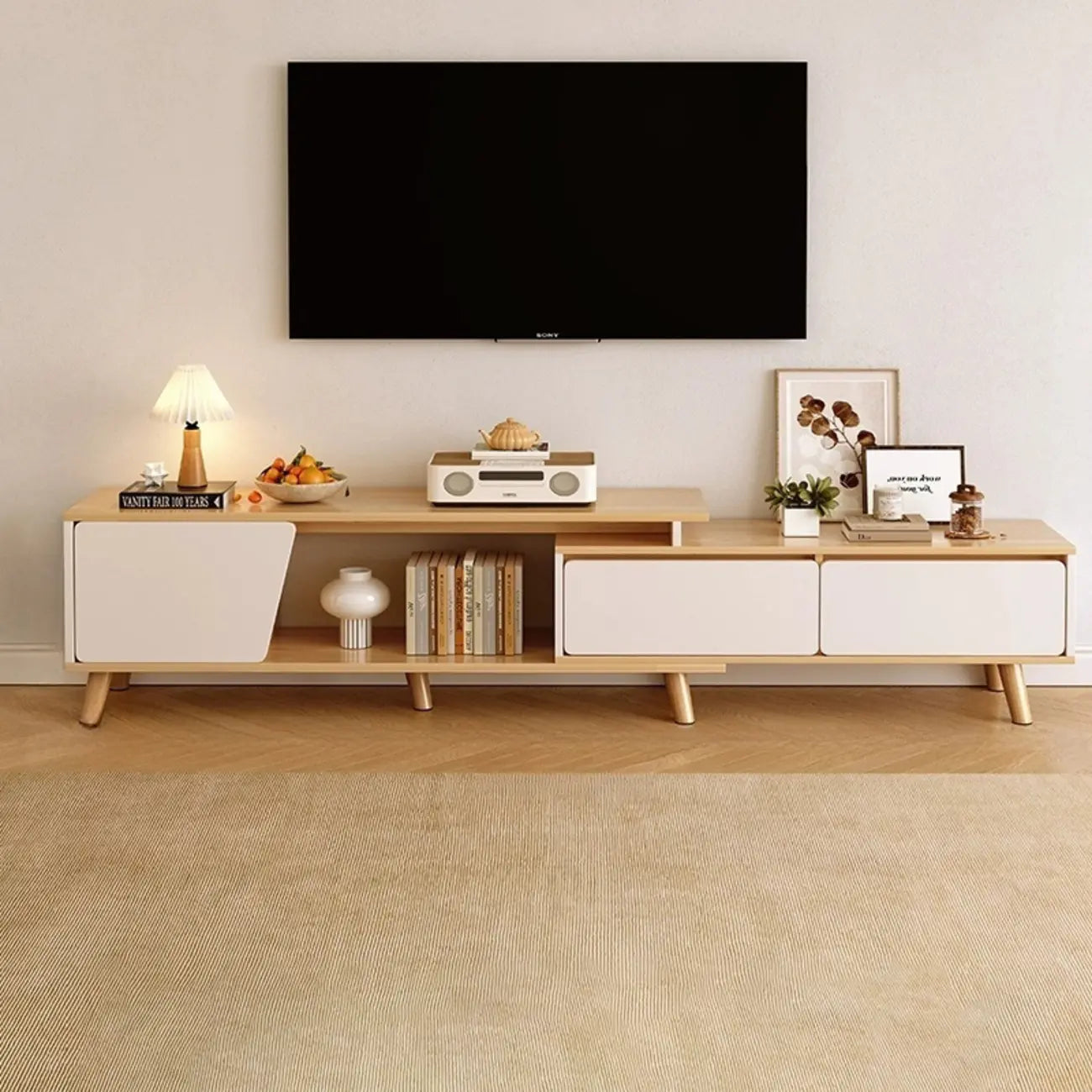 78.7 Natural Wood Open Storage Drawers TV Stand with Legs