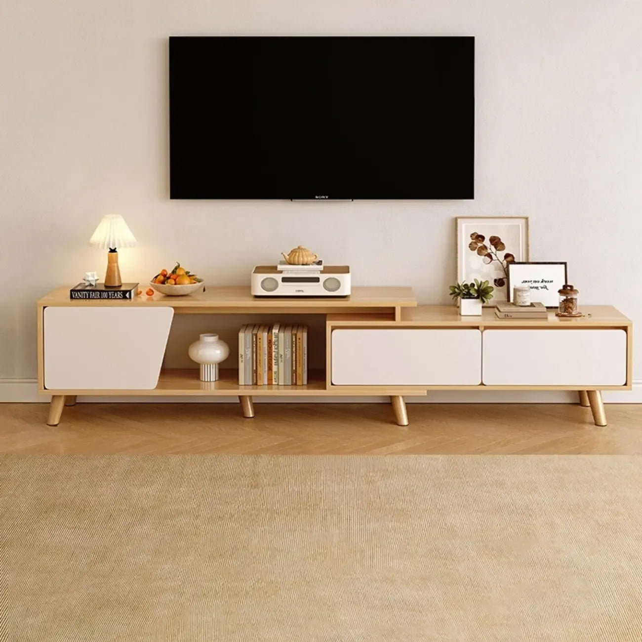 78.7 Natural Wood Open Storage Drawers TV Stand with Legs