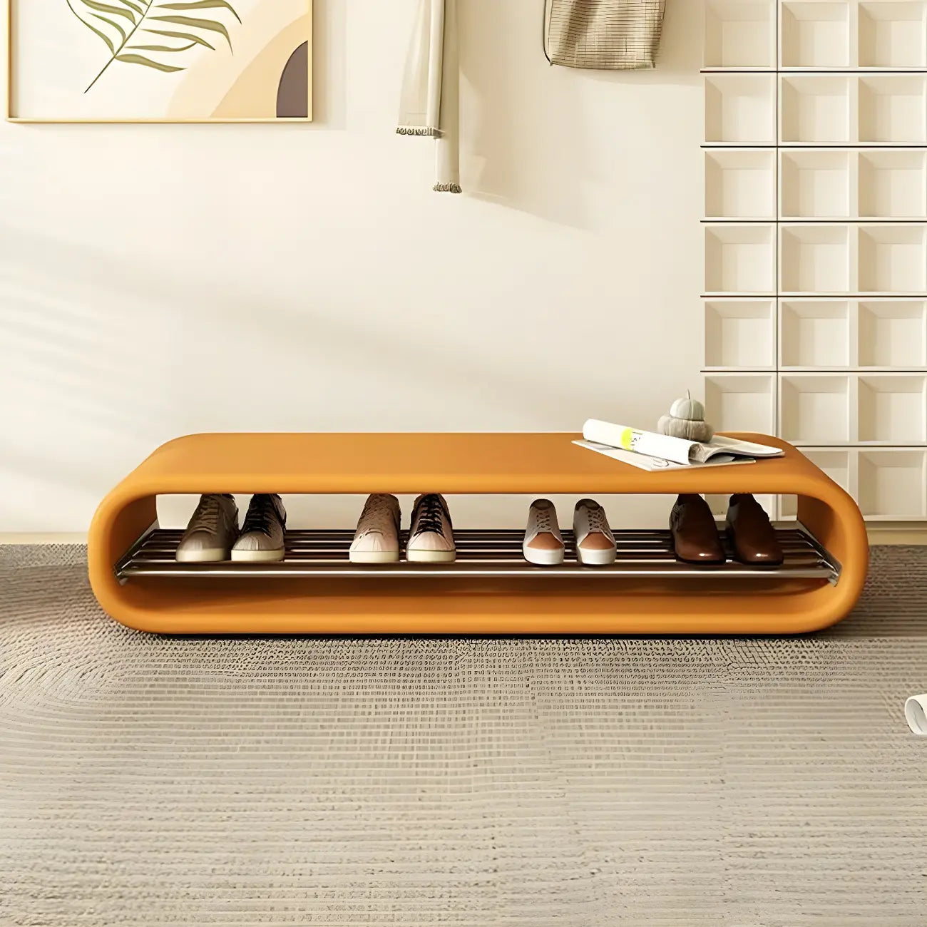 Decorative Short Oval Pine Wood Storage Entryway Bench