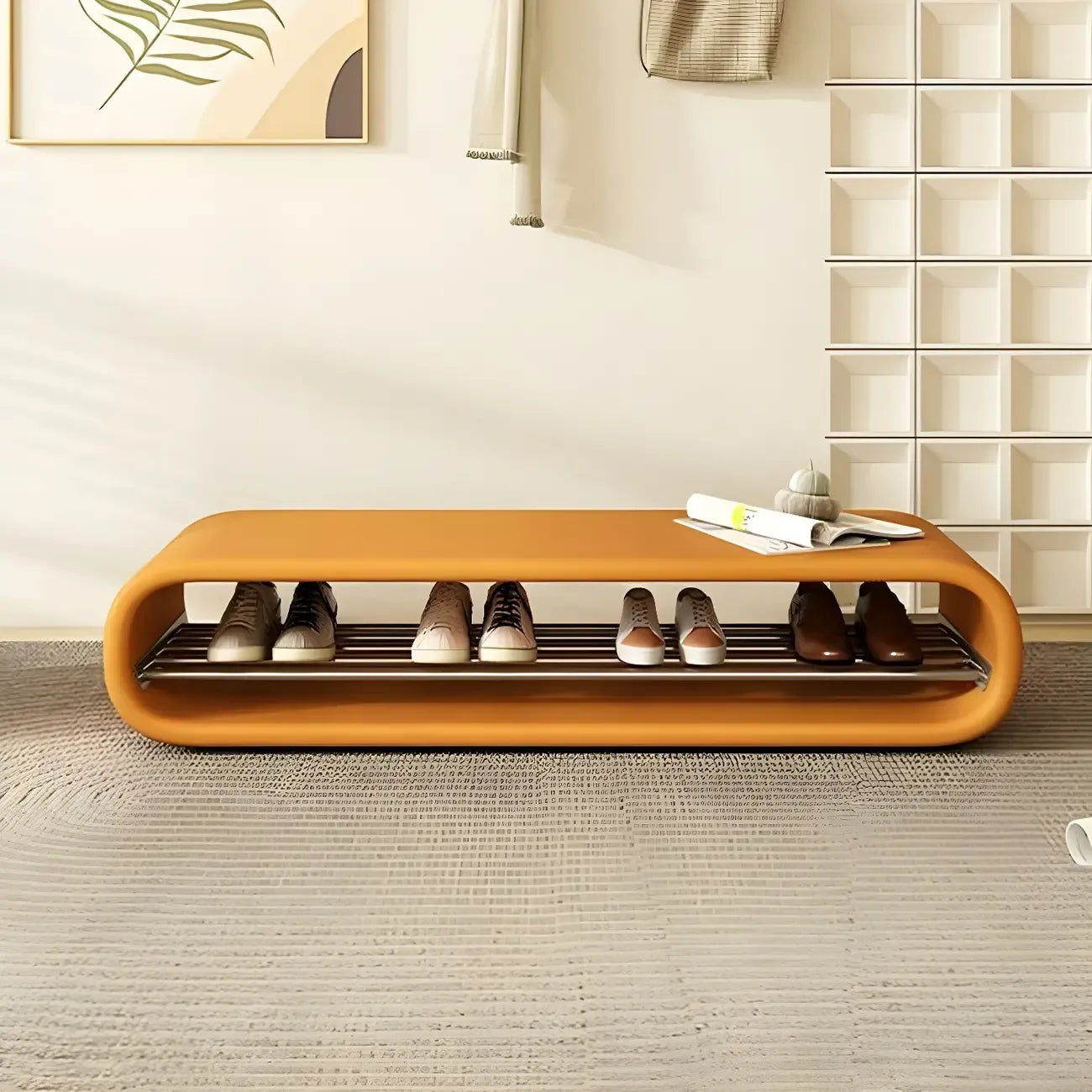 Decorative Short Oval Pine Wood Storage Entryway Bench