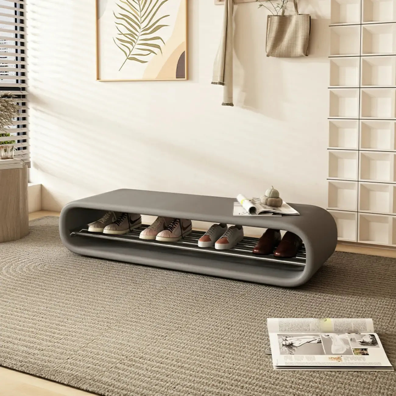 Decorative Short Oval Pine Wood Storage Entryway Bench