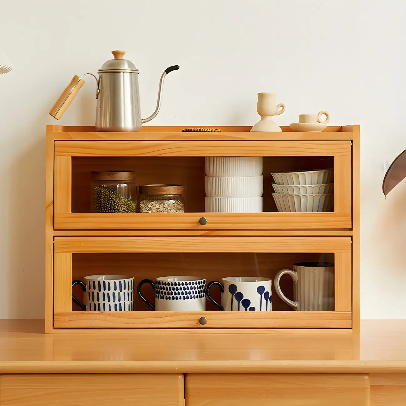Wooden Tabletop Glass Display Cabinet for Kitchen Decor
