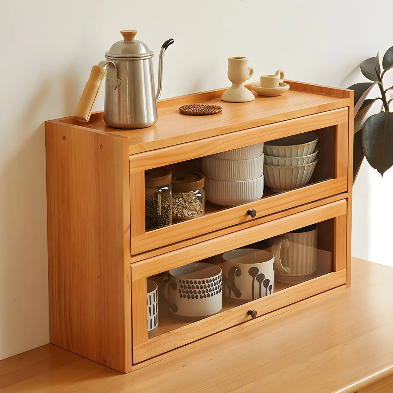 Wooden Tabletop Glass Display Cabinet for Kitchen Decor