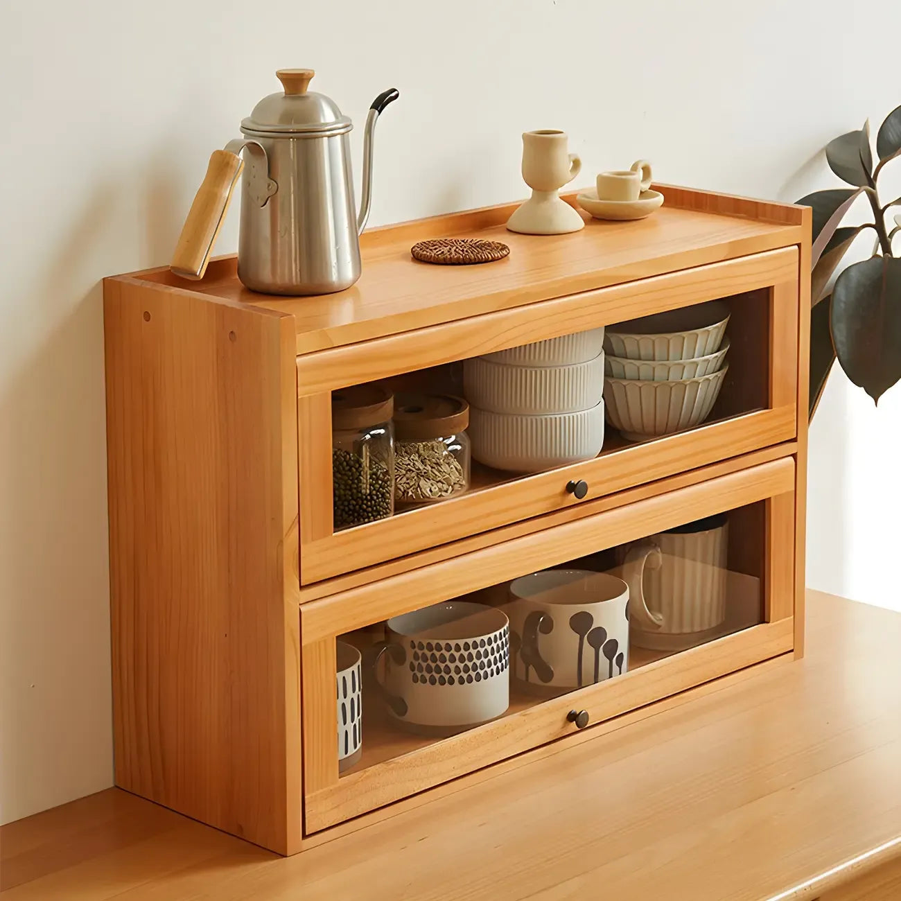 Wooden Tabletop Glass Display Cabinet for Kitchen Decor