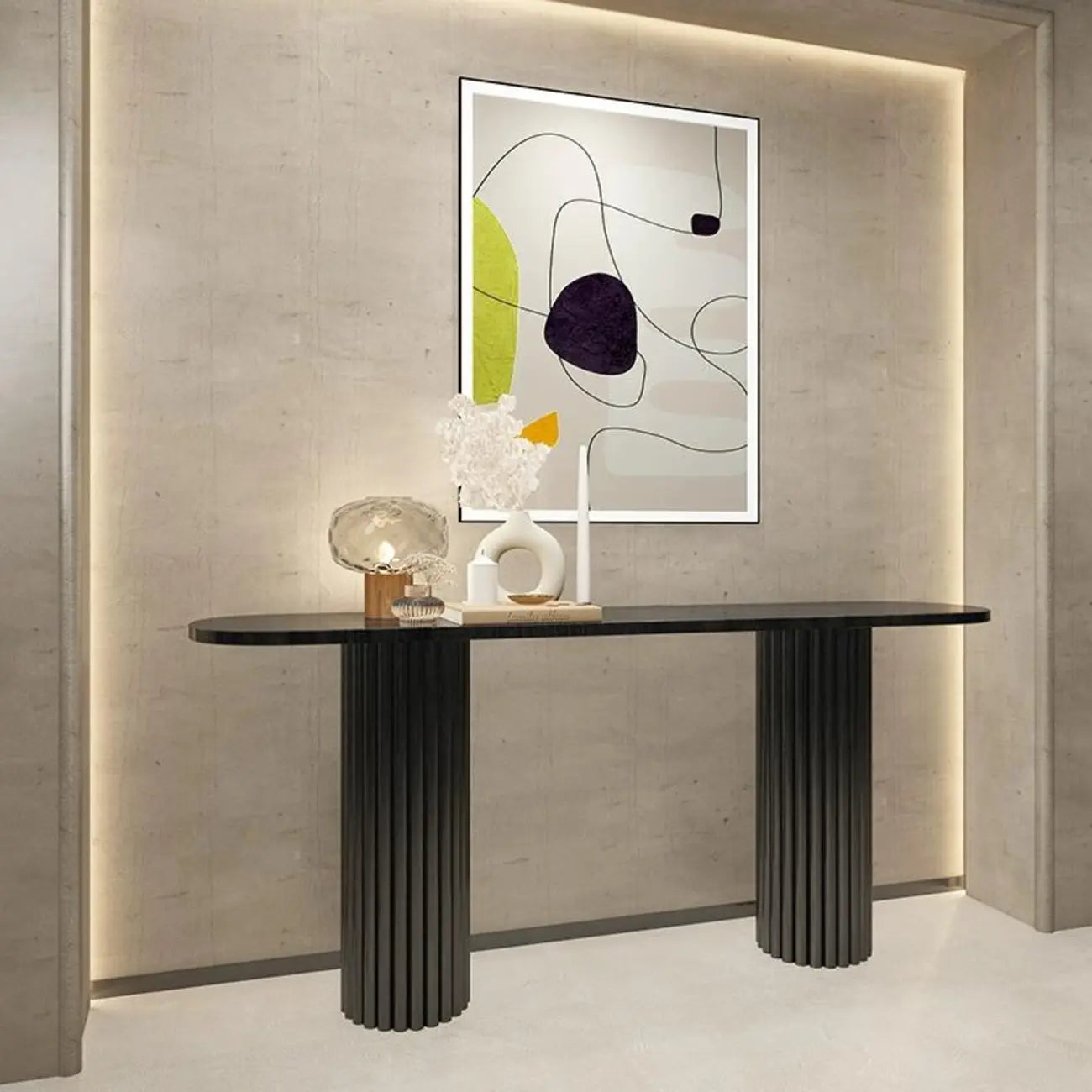 Natural Oval Wooden Double Pedestal Console Table