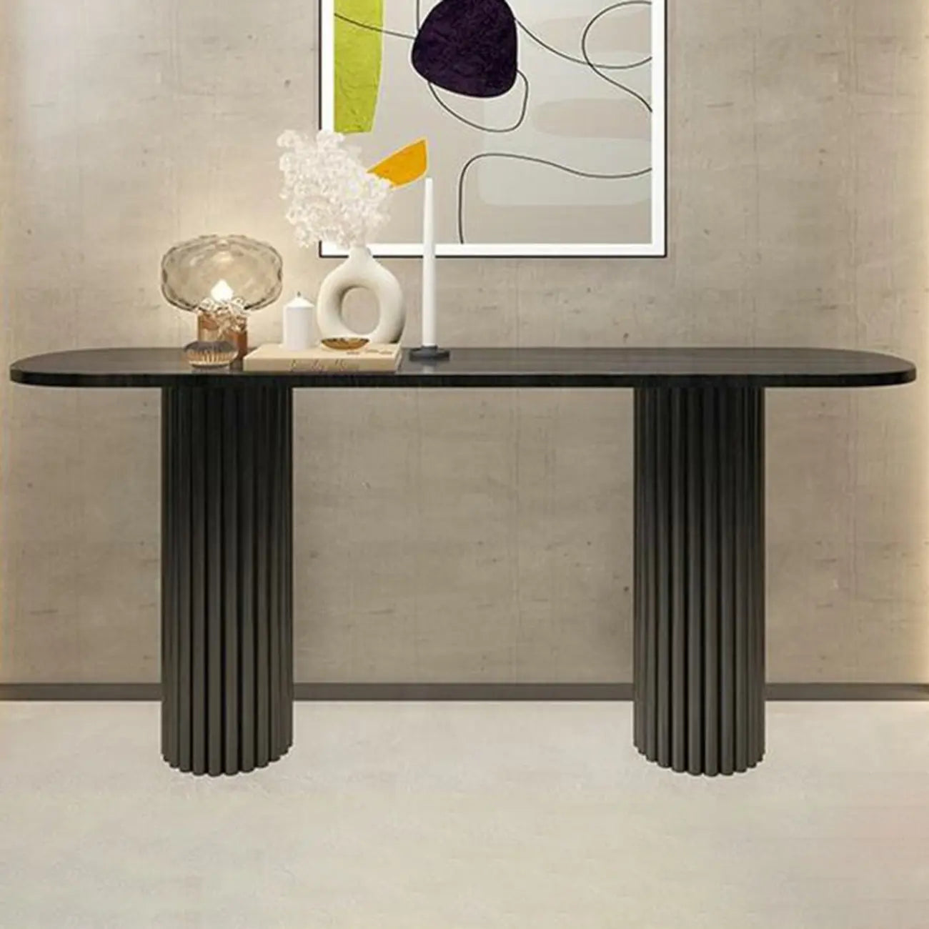 Natural Oval Wooden Double Pedestal Console Table