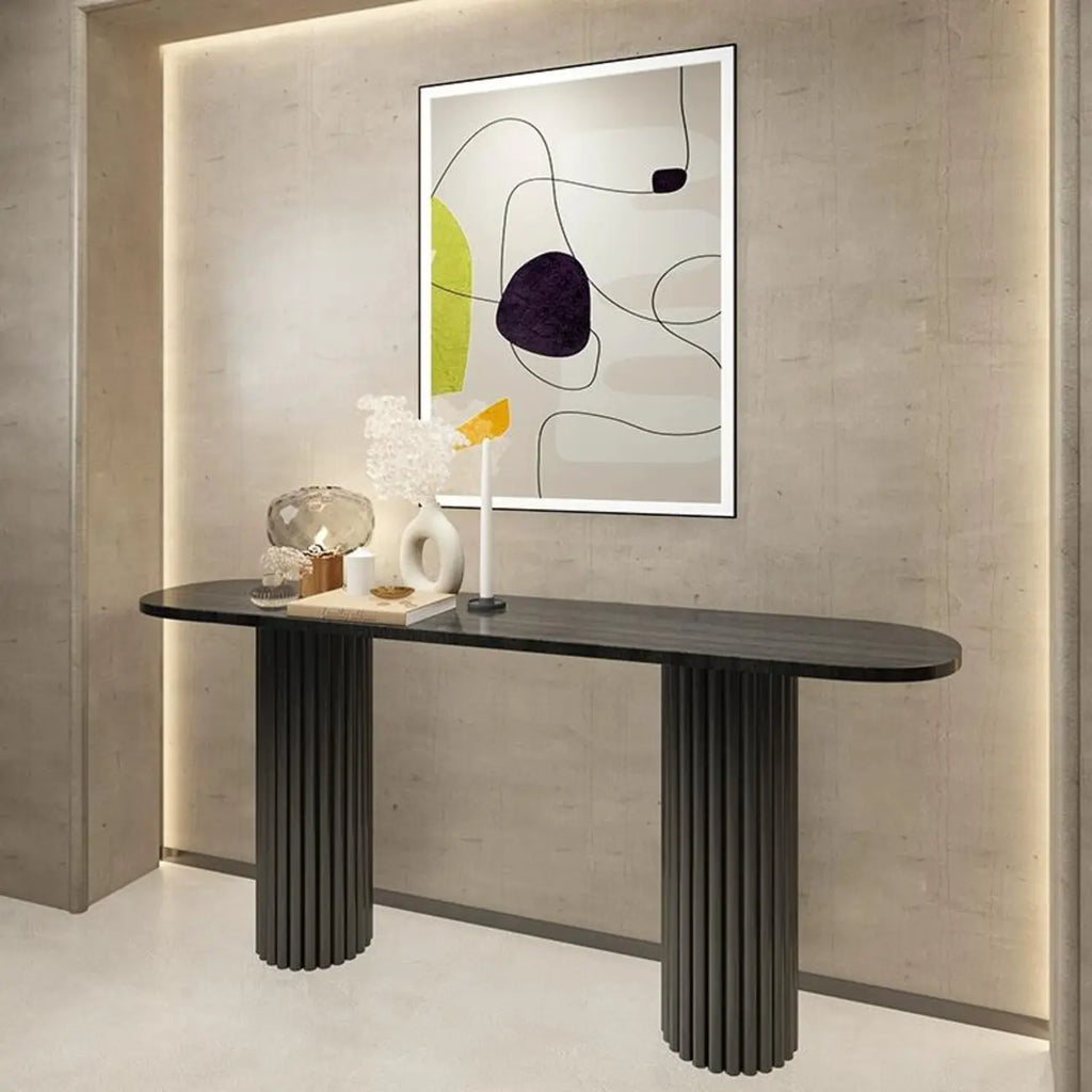Natural Oval Wooden Double Pedestal Console Table