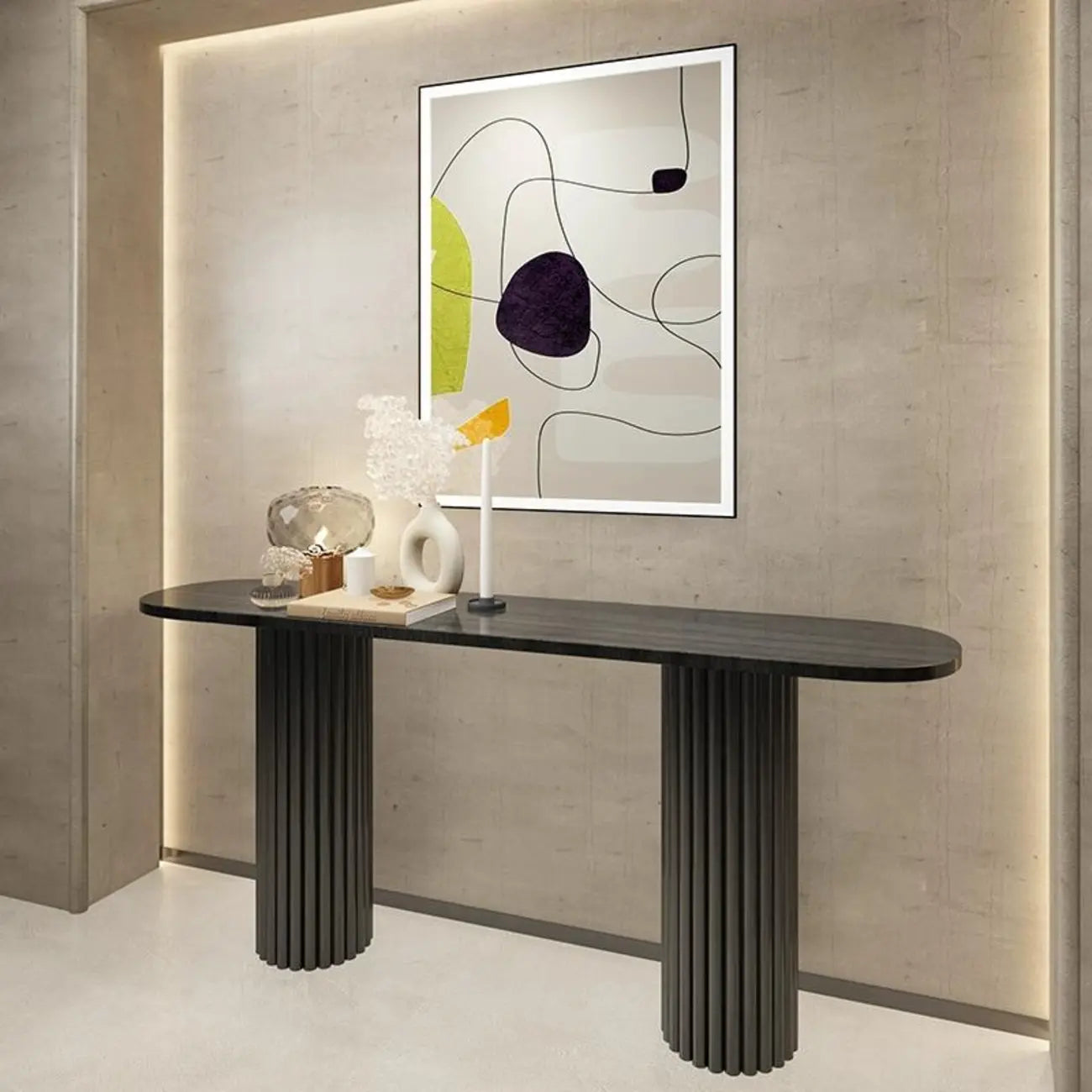 Natural Oval Wooden Double Pedestal Console Table