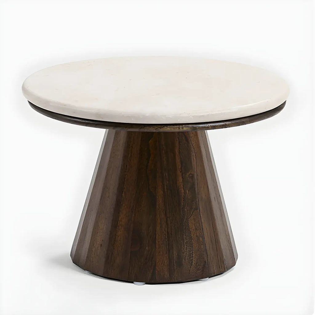 Minimalist Brown Stone-Top Wood Round Coffee Table