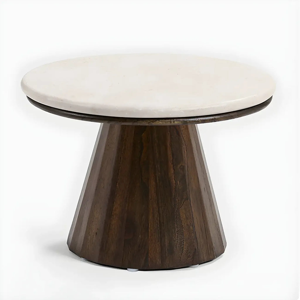 Minimalist Brown Stone-Top Wood Round Coffee Table