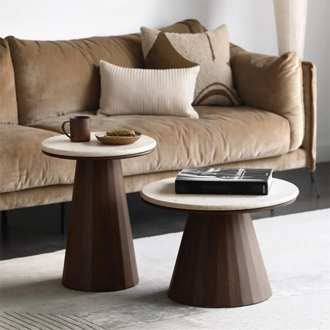 Minimalist Brown Stone-Top Wood Round Coffee Table