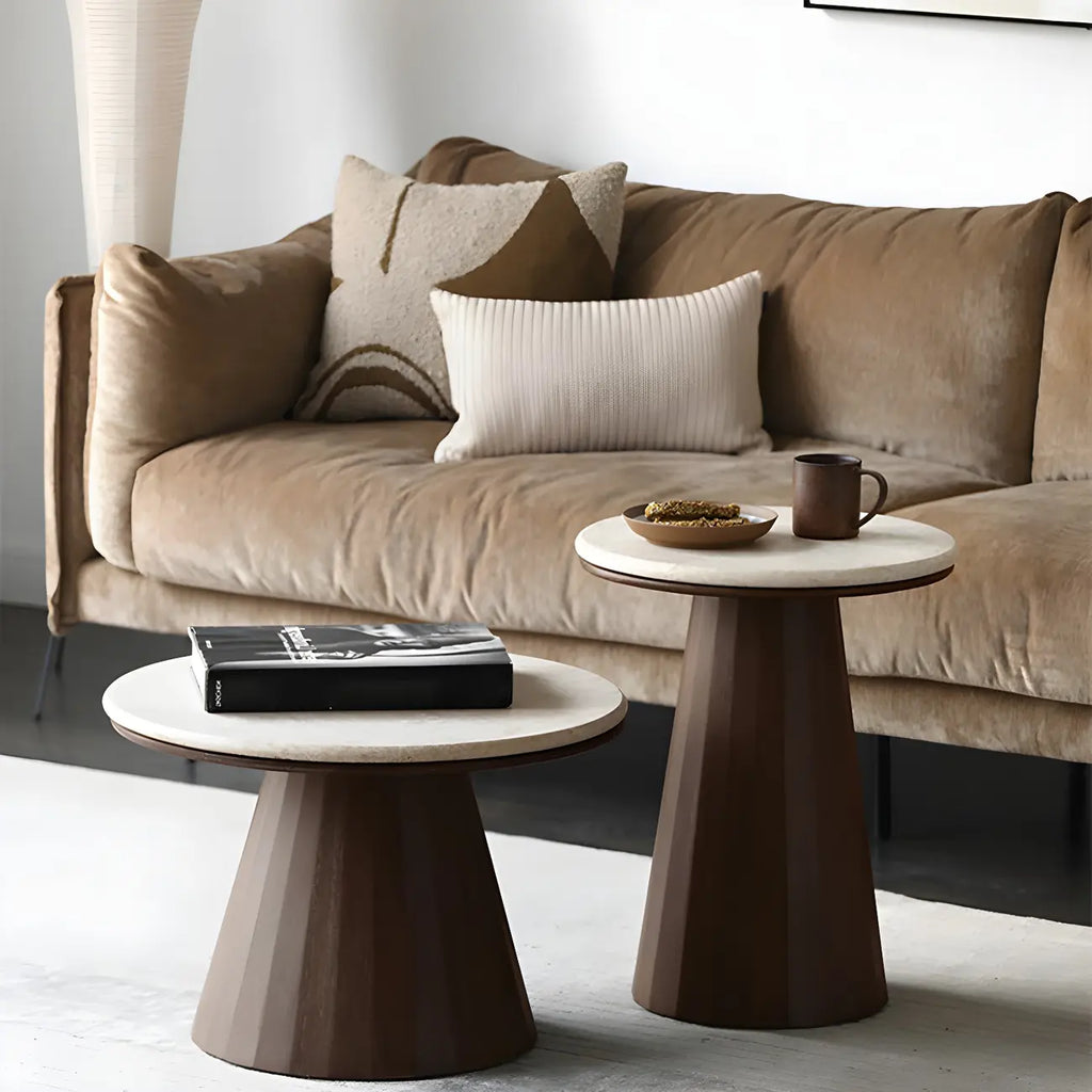 Minimalist Brown Stone-Top Wood Round Coffee Table