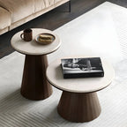 Minimalist Brown Stone-Top Wood Round Coffee Table