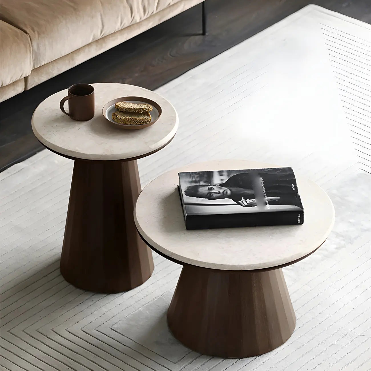 Minimalist Brown Stone-Top Wood Round Coffee Table