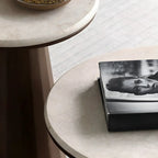 Minimalist Brown Stone-Top Wood Round Coffee Table