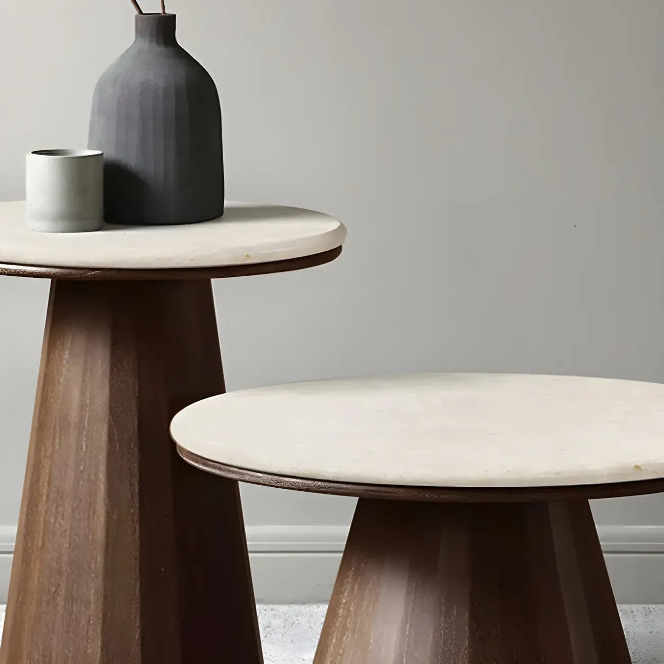 Minimalist Brown Stone-Top Wood Round Coffee Table