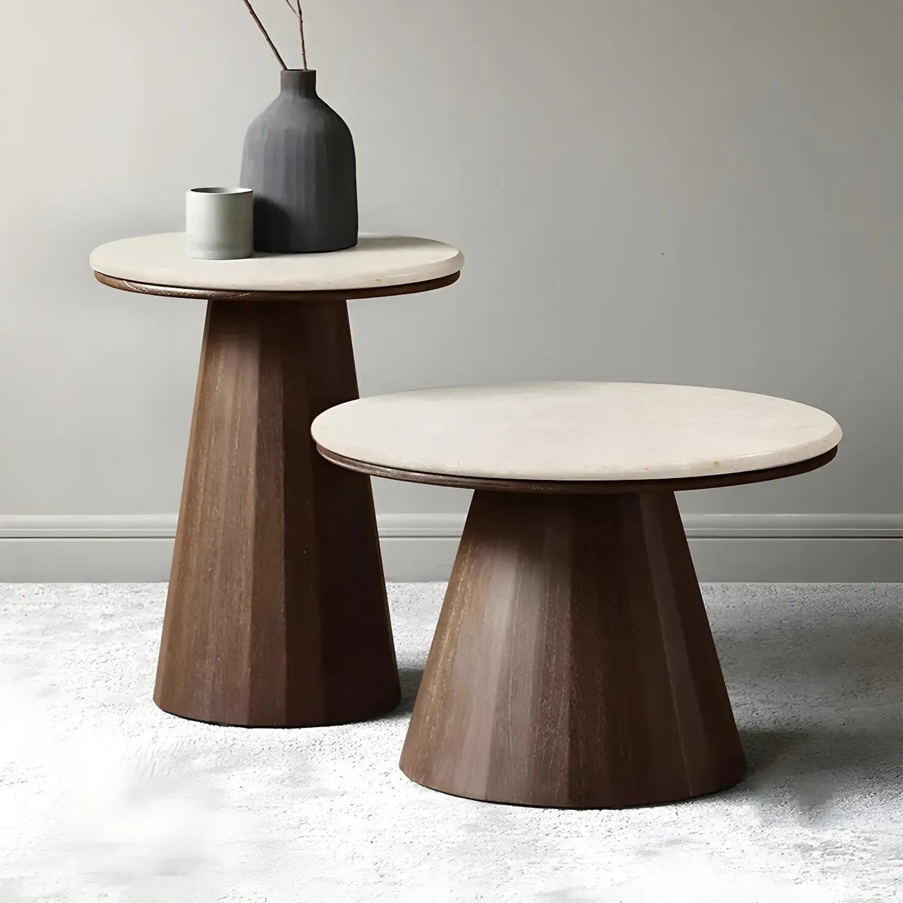 Minimalist Brown Stone-Top Wood Round Coffee Table
