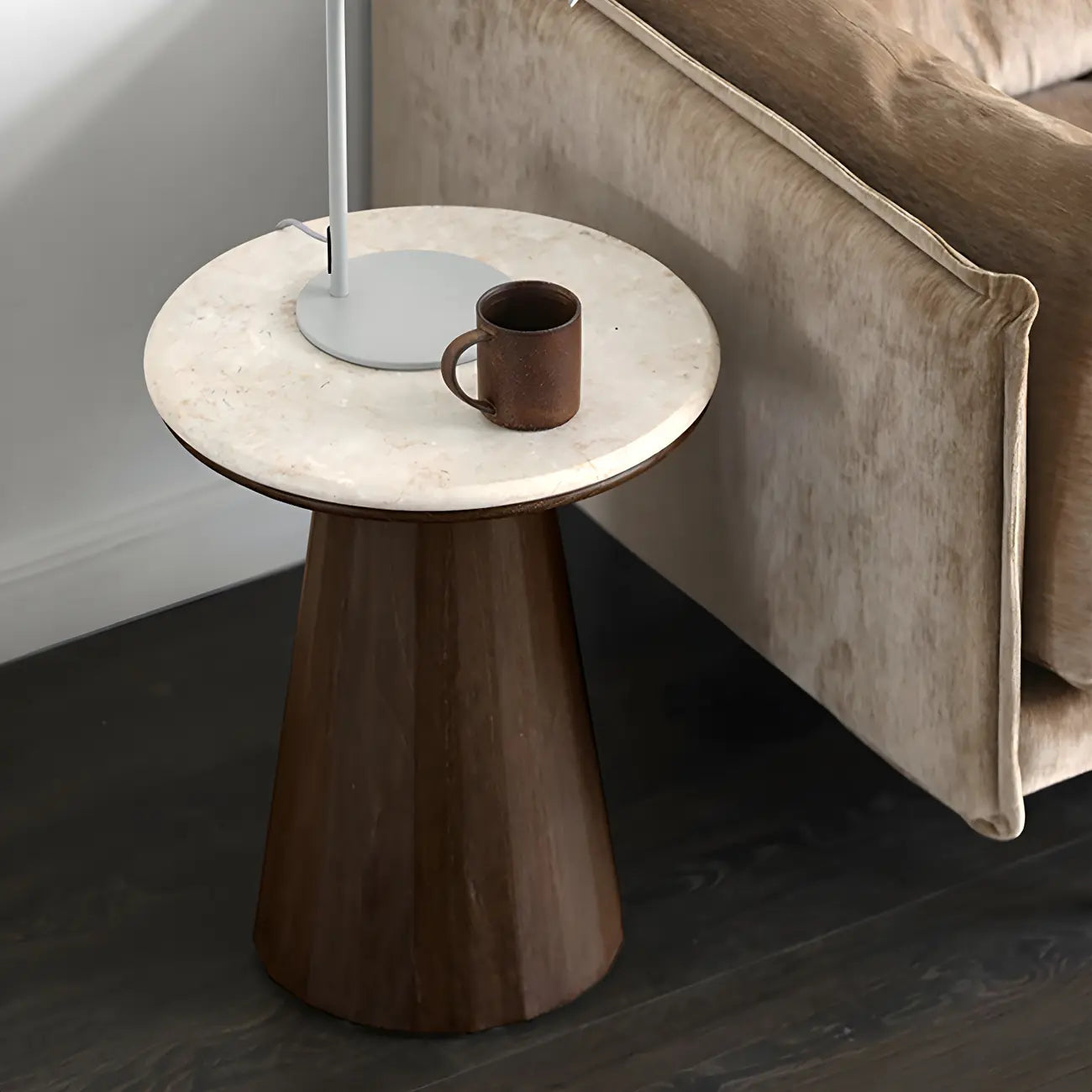 Minimalist Brown Stone-Top Wood Round Coffee Table