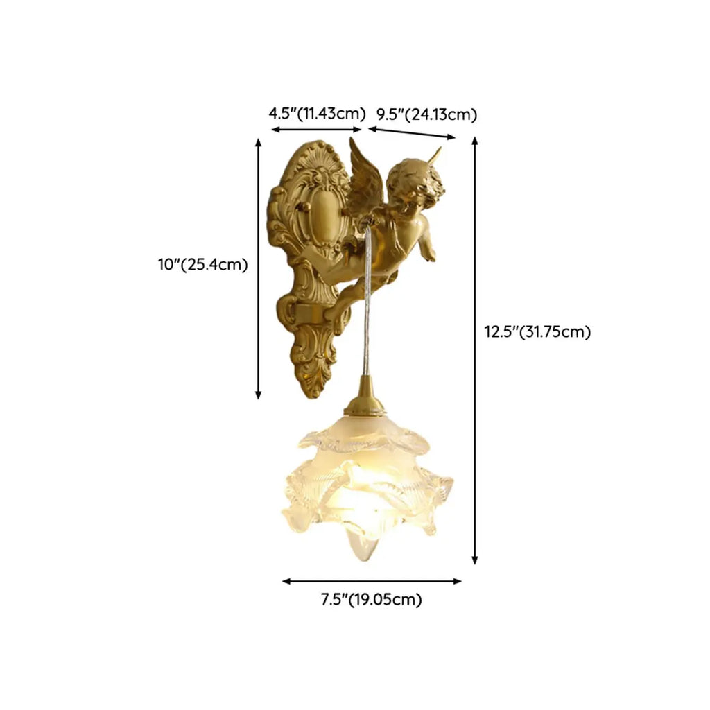 Artistic Vintage Gold Angel Wall Sconce with Crystal Shade