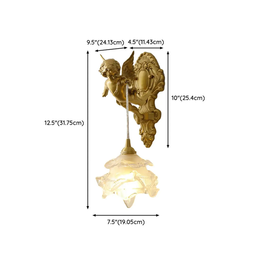 Artistic Vintage Gold Angel Wall Sconce with Crystal Shade