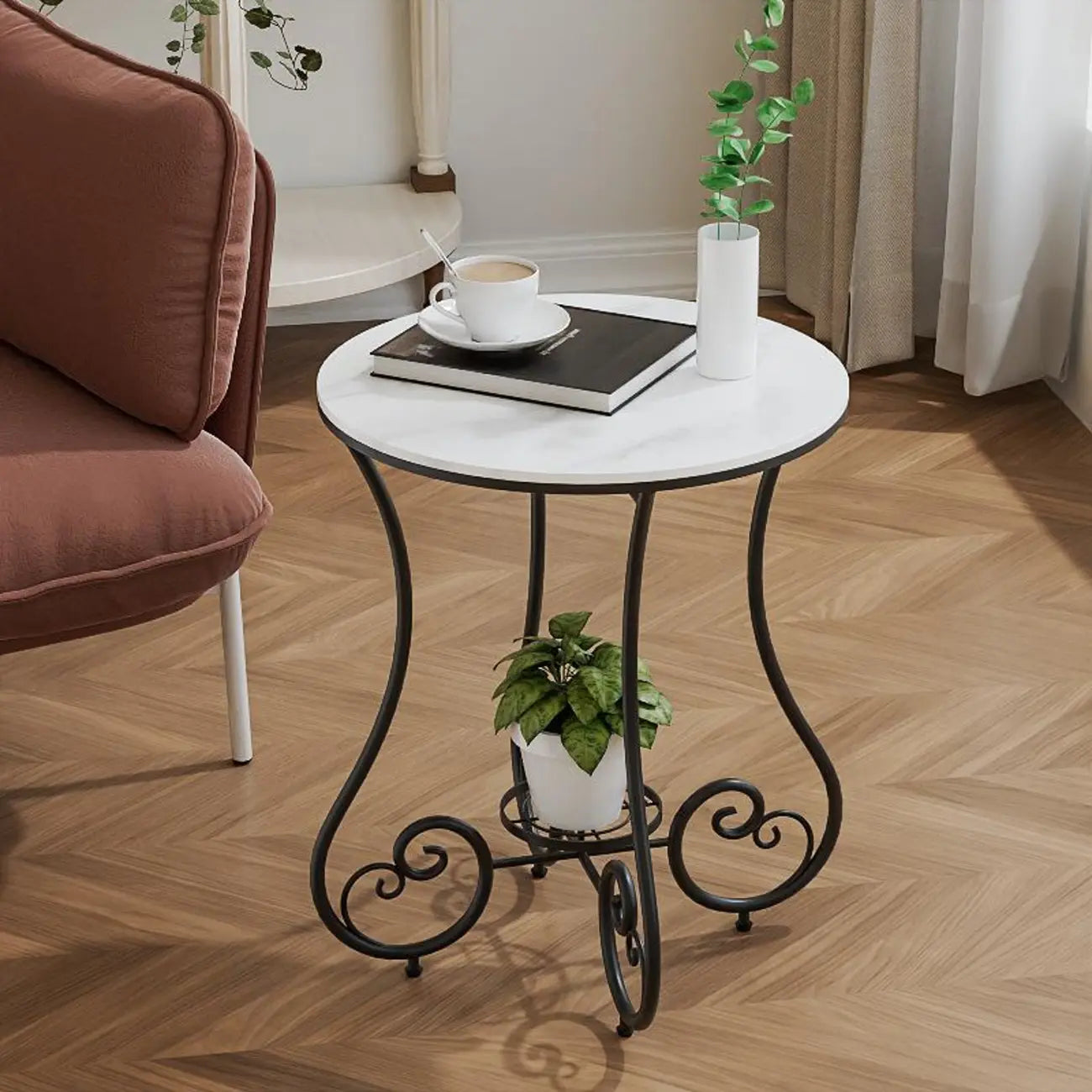 Modern Gloss Finish Steel Marble-Top Round Side Table